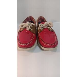 Sperry TopSider Women 9M Boat Shoes Red Patent Leather Tan Suede Nautical Preppy